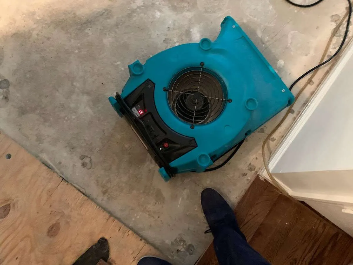 Air mover drying subfloor during Leak Detection & Repair in Greenville